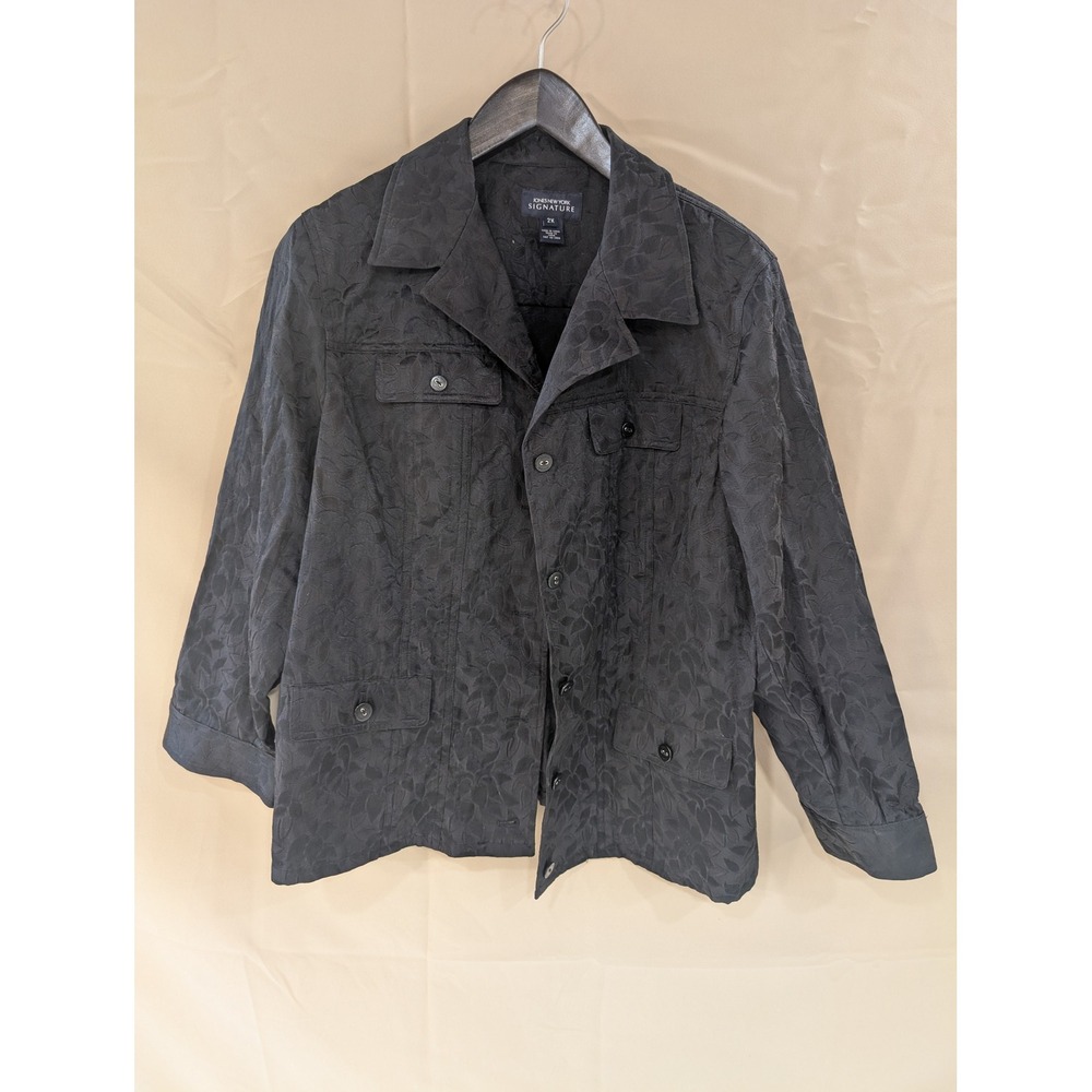 Jones New York Signature Jacket 2X Black Floral Button Up Collared - Picture 1 of 6
